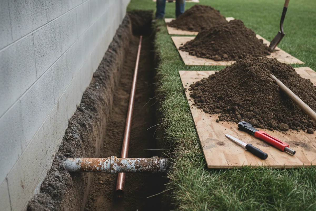 Excavated water line trench during Sewer Line Repair in Hackensack